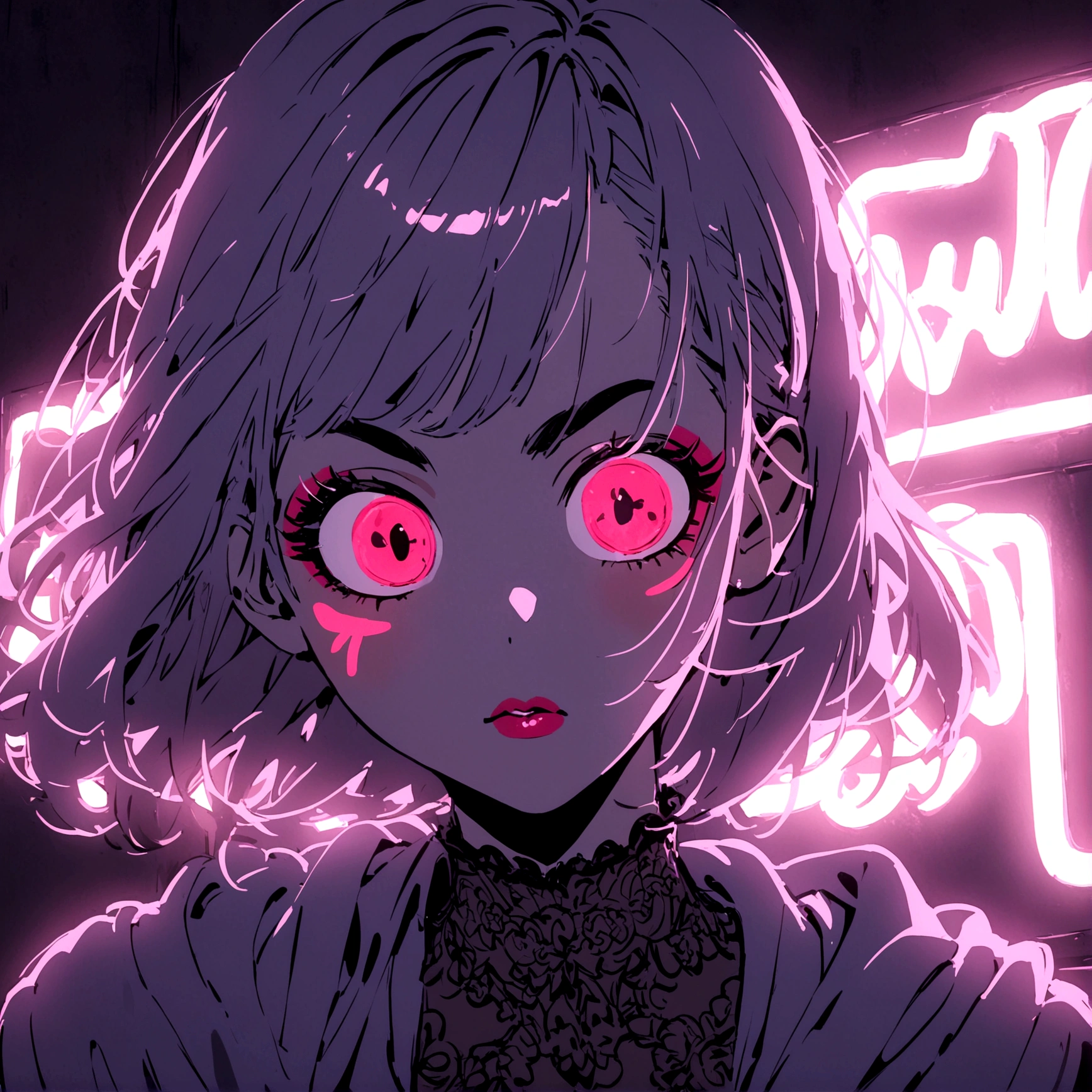 a neon sign of a girl wearing makeup