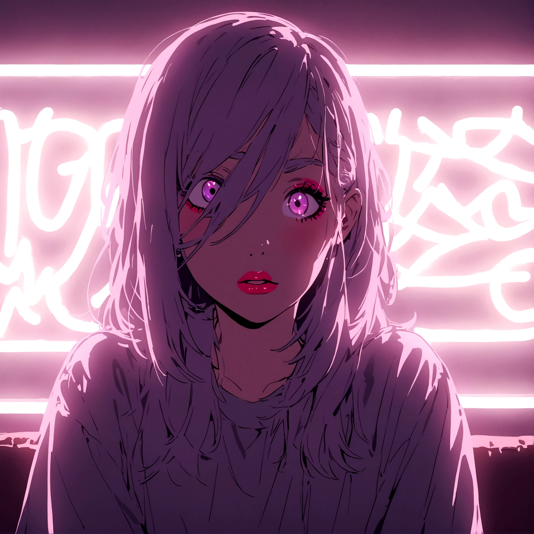 a neon sign of a girl wearing makeup