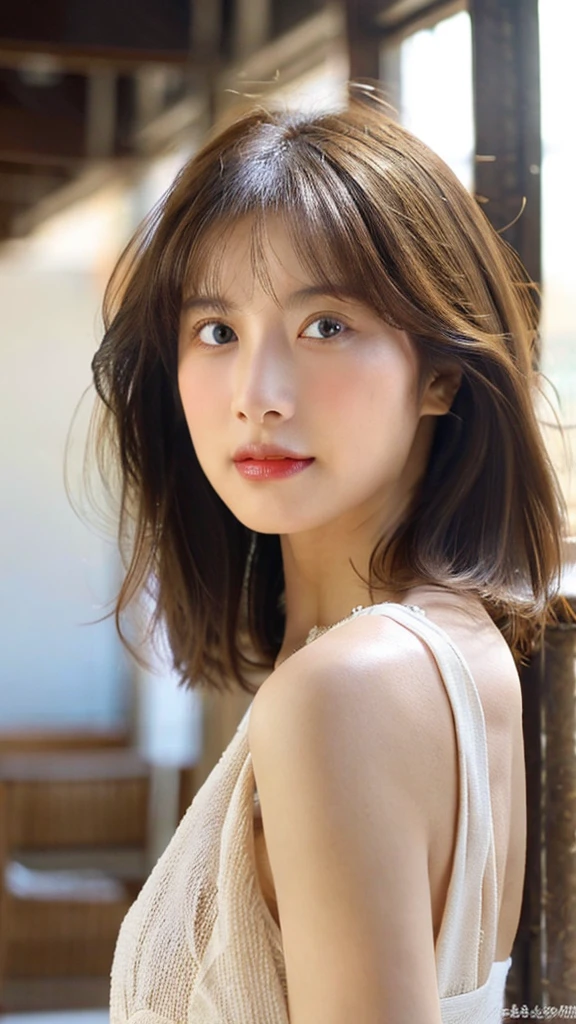 (8k, highest quality, masterpiece: 1.2), Super detailed, highest quality, Ultra-high resolution, Depth of written boundary,(Super detailedな,Caustics),(Photorealistic:1.4,RAW shooting,)Ultra-Realistic Capture,(Very detailed,High definition 16K for human skin,The skin texture is natural,Skin appears even-toned and healthy),(Use natural light and colour,One Woman Wide Lighting,Natural Shading),Japanese,1 girl, Beautiful Eyes, Short, Brown hair, Showing forehead, Mature hairstyle, **White long dress, Facing forward, Upper body facing forward**, Resort wear, Beach, (Sunlight:1.4)