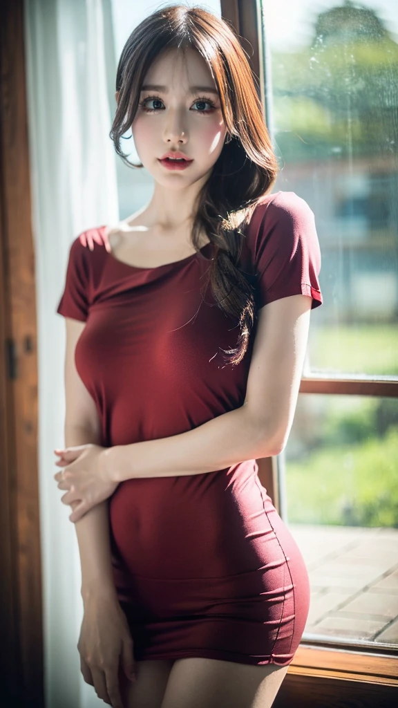 (((HD photo))), ultra high res.photorealistic:. 1.4, UHD (best quality,4k,8k,highres,masterpiece:1.3),ultra-detailed,(realistic,photorealistic,photo-realistic:1.37),1 girl,beautiful detailed eyes,beautiful detailed lips,extremely detailed face,long eyelashes,medium:oil painting,soft lighting,impressionistic style,red colors,beautifully T-Shirts Dress,wistful expression,standing with one hand on the window frame,gentle breeze blowing her hair,warm sunlight streaming through the window,green plants visible outside the window,soft curtains framing the girl,peaceful atmosphere,serene and tranquil ambiance
