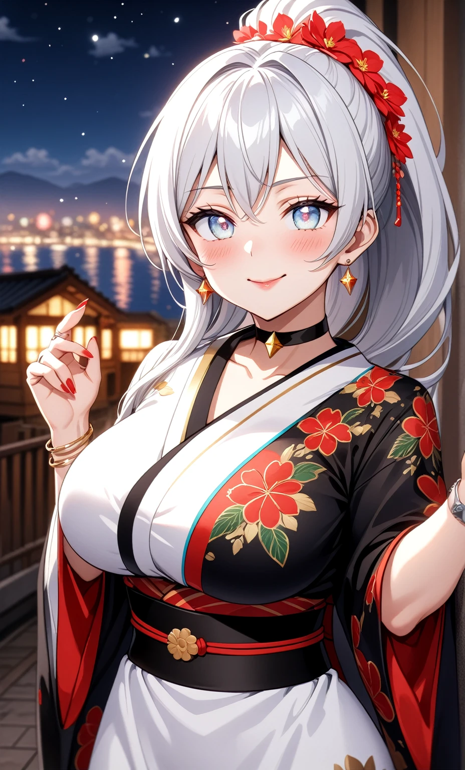 ((One personの女性)), Beautiful Face,embarrassed, ((Wink:1.9)),Laugh with your mouth wide open,Waving to the audience, ((Bright red cheeks:1.4)),Glossy red lips,night,rooftop,Festive decorations,You can see the ocean, firework,Lighting on the face,((Anime style background)),masterpiece, Highest quality, so beautiful,Latest, Complex details, (long nails of pink color),(ring),(bracelet),(choker),AI-generated, Complex,High resolution, Highest quality, super high quality,3D Images、looking outside、3D Images,One person,Long white hair,High Ponytail,(blue eyes),Anime woman posing for a photo, ((Fine grain、Silvery white colorful eyes、Shining Eyes:1.4)),(Squint your eyes:1.1),a hyperRealistic , hyperRealistic , Realistic,Anime woman with long and white hair, Smooth anime CG art, A woman in a colorful kimono with gold embroidery, (Black long sleeve kimono),Red floral pattern,Long flower hair ornament,Big earrings,Mature Body,(Big Breasts:1.1),Tall,Abdominal muscles,Narrow waist,(Zoom in on face:1.8),Photographed from the front