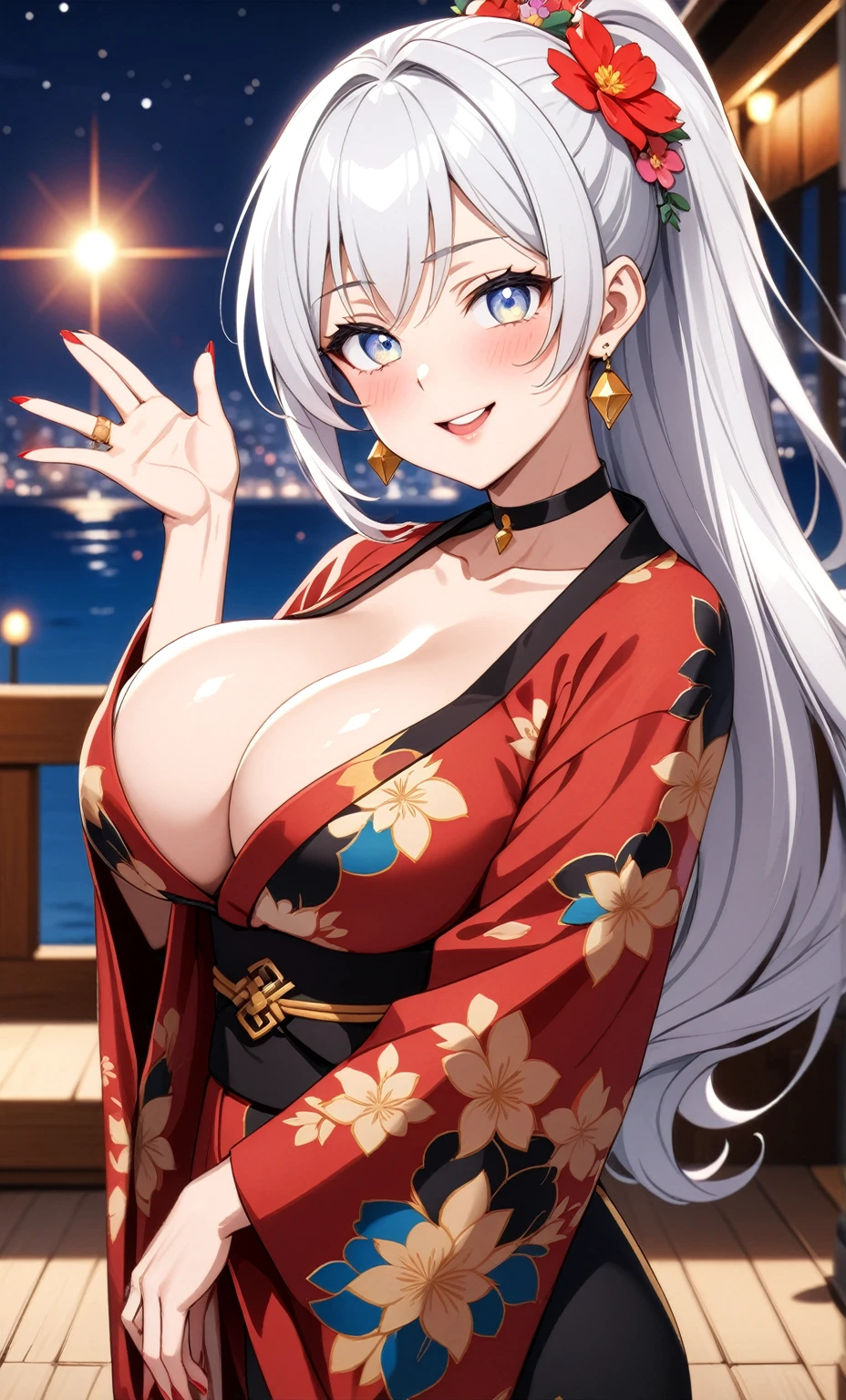 ((One personの女性)), Beautiful Face,embarrassed, ((Wink:1.9)),Laugh with your mouth wide open,Waving to the audience, ((Bright red cheeks:1.4)),Glossy red lips,night,rooftop,Festive decorations,You can see the ocean, firework,Lighting on the face,((Anime style background)),masterpiece, Highest quality, so beautiful,Latest, Complex details, (long nails of pink color),(ring),(bracelet),(choker),AI-generated, Complex,High resolution, Highest quality, super high quality,3D Images、looking outside、3D Images,One person,Long white hair,High Ponytail,(blue eyes),Anime woman posing for a photo, ((Fine grain、Silvery white colorful eyes、Shining Eyes:1.4)),(Squint your eyes:1.1),a hyperRealistic , hyperRealistic , Realistic,Anime woman with long and white hair, Smooth anime CG art, A woman in a colorful kimono with gold embroidery, (Black long sleeve kimono),Red floral pattern,Long flower hair ornament,Big earrings,Mature Body,(Big Breasts:1.1),Tall,Abdominal muscles,Narrow waist,(Zoom in on face:1.8),Photographed from the front