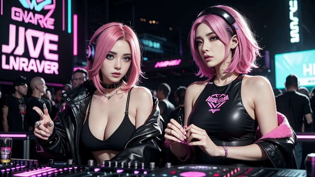 arafed woman in a black top and pink hair standing next to a DJ's mixer, rave girl, raver girl, 1 girl, DJ rave, unreal engine, rave makeup, in cyberpunk style, has cyberpunk style, rave inspired, cyber punk setting, cyberpunk vibes, cyberpunk vibe, beautiful cyberpunk woman model, cyberpunk style color, woman holds her headphones down with one hand.