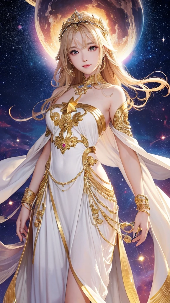(masterpiece、Highest quality、High resolution、8K、16K)、((Alone  space、Beautiful Goddess、Standing posture、フローティング  the sky like a star))、((whole body))、Golden Cape、White long dress、No sleeve、Adorned with vibrant jewels、Gold Bracelet、Blonde middle、Beautiful brown eyes、A kind smile、Mouth closed、Elegant and detailed face、Graceful operation、Place one hand under your chest、Professional Lighting、The universe is full of light、Countless stars and nebulae、