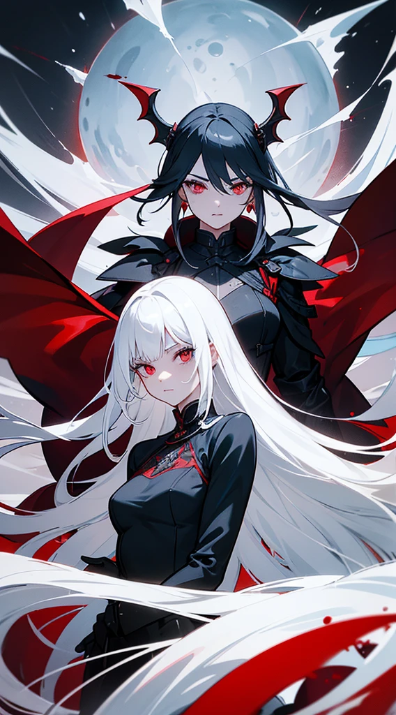beautiful woman, white hair, long straight hair, ((crew cut: 1)), red eyes, fair skin, ((muscular: 1)), female, 28 years old Wearing a black blouse with blue details, leather shawl , black pants, black boots, winter queen, vampire, blood control, blood, blood sphere, bloodstain, blood powers ice in the background, fog, ice ball, ice powers