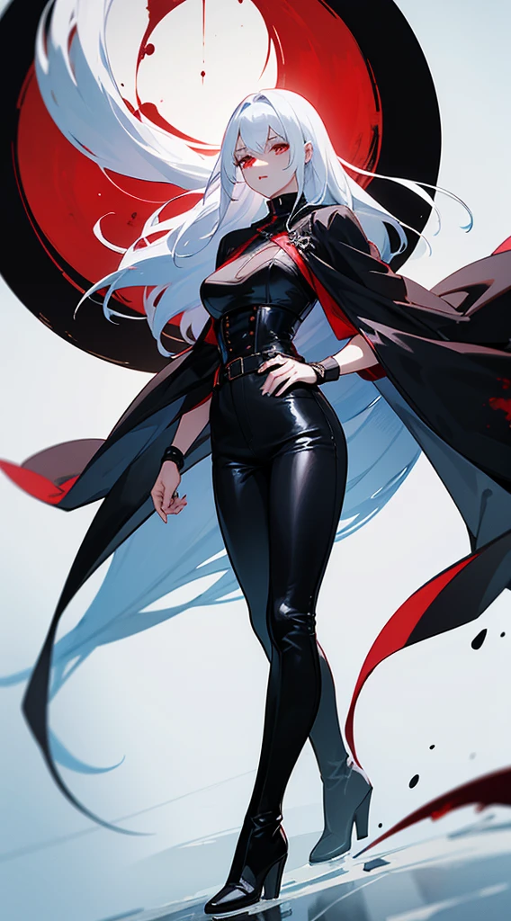 beautiful woman, white hair, long straight hair, ((crew cut: 1)), red eyes, fair skin, ((muscular: 1)), female, 28 years old Wearing a black blouse with blue details, leather shawl , black pants, black boots, winter queen, vampire, blood control, blood, blood sphere, bloodstain, blood powers ice in the background, fog, ice ball, ice powers