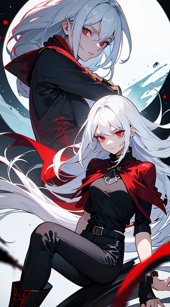 beautiful woman, white hair, long straight hair, ((crew cut: 1)), red eyes, fair skin, ((muscular: 1)), female, 28 years old Wearing a black blouse with blue details, leather shawl , black pants, black boots, winter queen, vampire, blood control, blood, blood sphere, bloodstain, blood powers ice in the background, fog, ice ball, ice powers