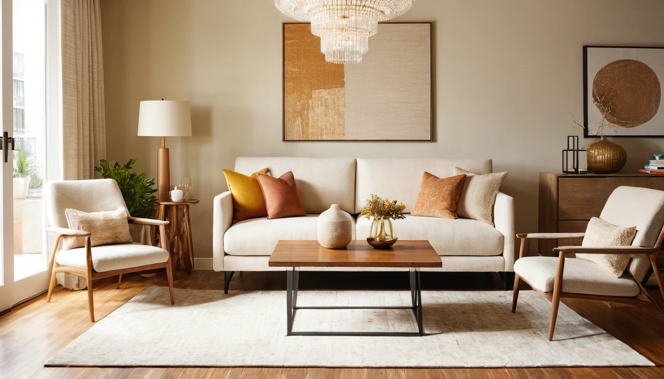 a three-seater sofa,capet,end table,west elm chandelier,armchair,residential interior design project with modrtn organic style,interior decor,crrisp lines,neutral colors,natural textures,backdrop of simplicity,aesthetic,bright environment,realistic,V-RayRenderer,superior quality
