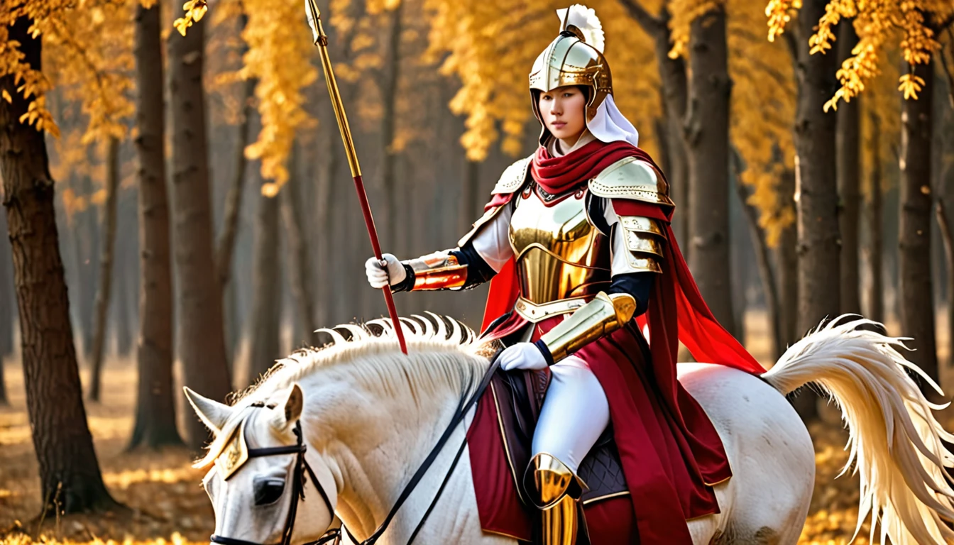 (wallpaper),32k,((Extremely exquisite and beautiful)),(((masterpiece))),(((Best quality))),(((超high resolution))),Realistic shadows,(high resolution),(Smooth and flawless fair skin:1.5),(Pale skin:1.3),Extremely delicate  details,beautiful eyes,(Perfect body:1.1)，full body,Golden helmet decorated with feathers，Wearing a blood-red tight-fitting battle robe，Holding a glowing spear and shield，Riding a white horse