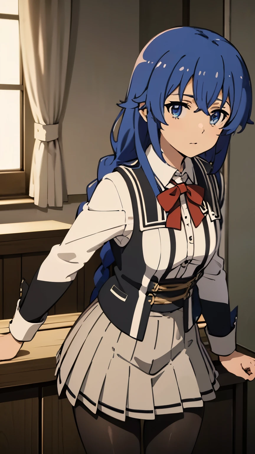 (masterpiece, best quality, high resolution, 8k:1.2),(anime), Roxy_Migurdia(mushoku tensei), 1girl, Blue eyes, Crimson blue hair, twin braids, long hair, small breasts, solo, (Red blazer, white shirt, collared shirt, pleated skirt, grey skirt, pantyhose, black pantyhose, indoors:1.2), (watching at viewers:1.2), dynamic angles,