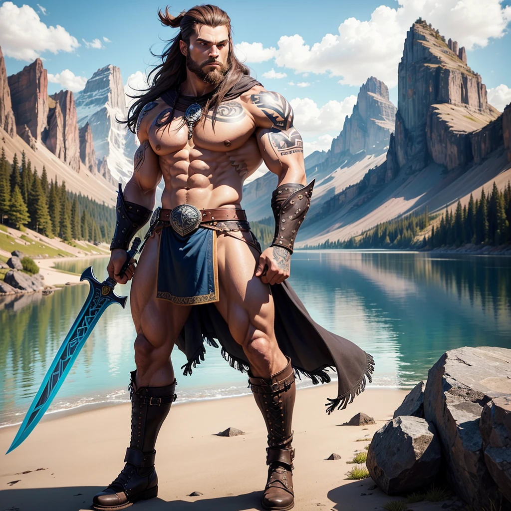 Black Viking left arm tattoo design, a full body muscular viking man and beautiful woman, muscular legs, holding big sword with right hand, brown hair divided with bangs, perfect realistic blue eyes, wearing warrior leather shoes, wearing warrior boots, lake and mountains in the background.
