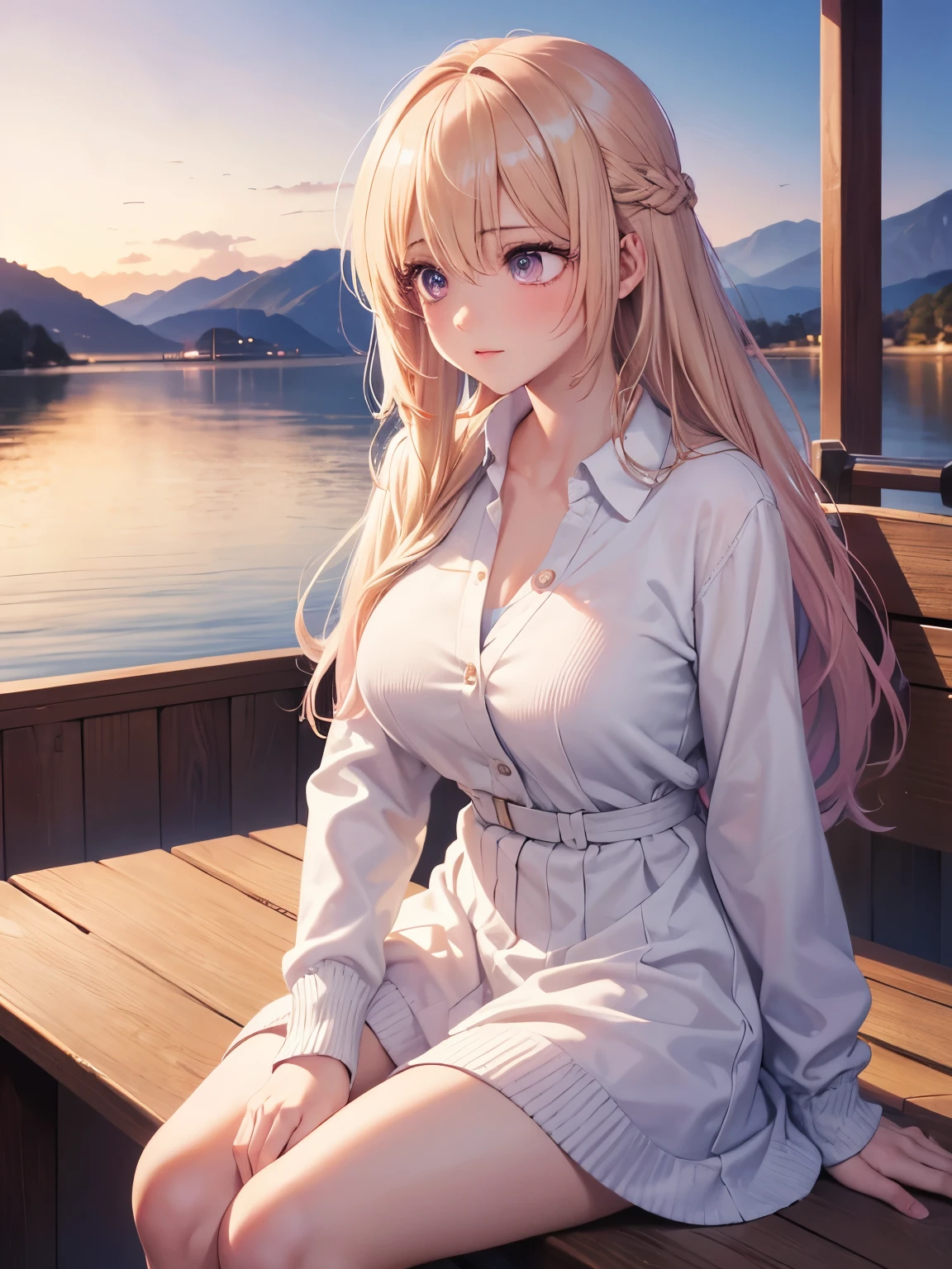 1woman,Sit on a boat,on the lake, looking away,, looking away,,looking away,Beautiful makeup, long eyelashes,early in the morning,stunning,half body photo, very detailed face,cute,,HD face, perfect face,Short white dress, pink cardigan,very big breasts,Blonde hair,blonde hair,bangs,long hair, straight hair,ultra detail,ultra Hd, masterpiece,4k