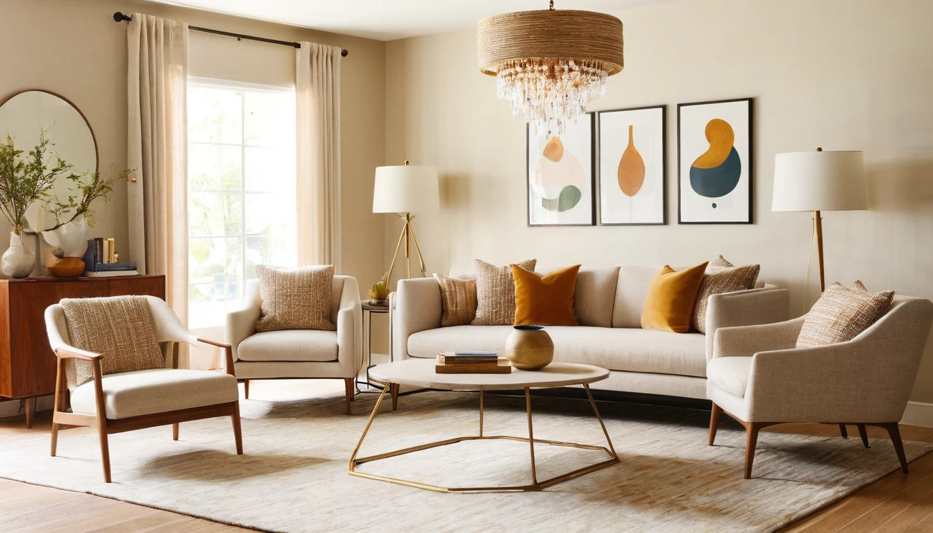 a three-seater sofa,capet,end table,west elm chandelier,armchair,residential interior design project with modrtn organic style,interior decor,crrisp lines,neutral colors,natural textures,backdrop of simplicity,aesthetic,bright environment,realistic,V-RayRenderer,superior quality