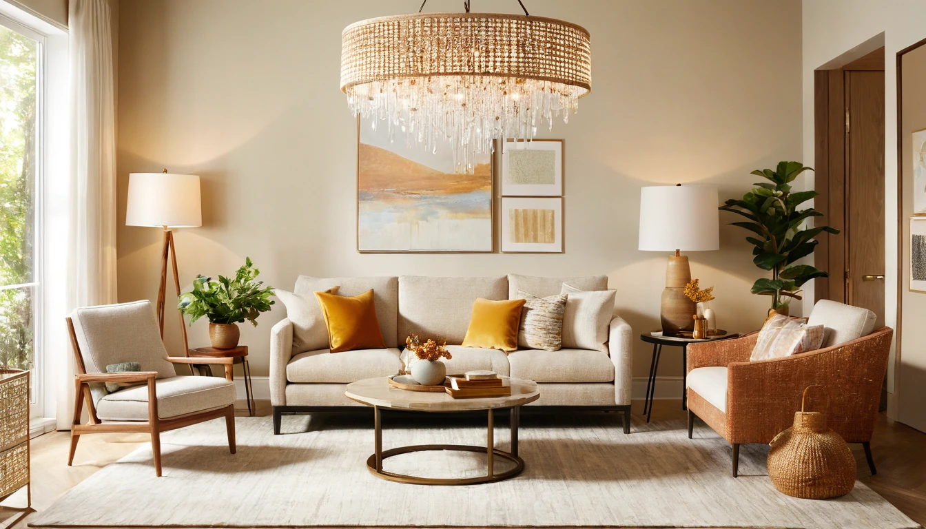 a three-seater sofa,capet,end table,west elm chandelier,armchair,residential interior design project with modrtn organic style,interior decor,crrisp lines,neutral colors,natural textures,backdrop of simplicity,aesthetic,bright environment,realistic,V-RayRenderer,superior quality