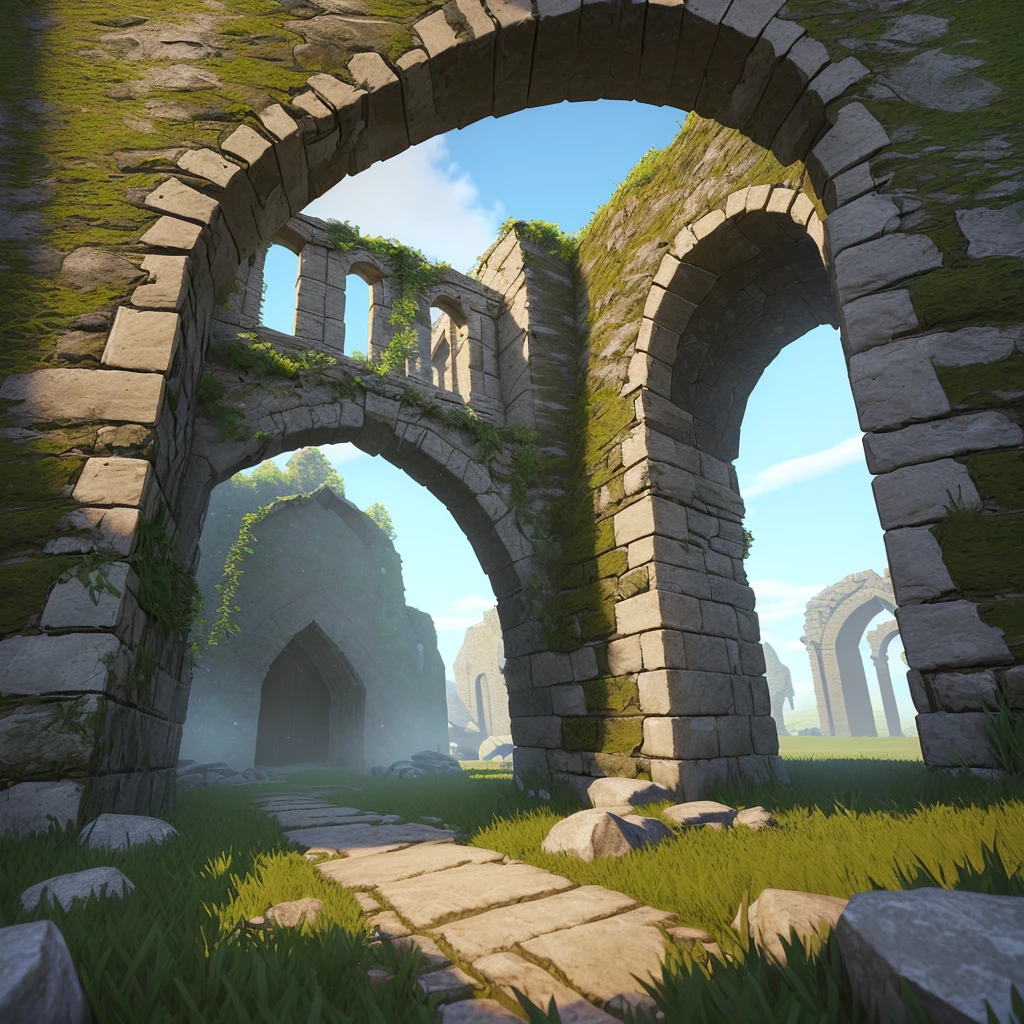 A close-up of a stone arch with grass and rocks, game asset, stone gate to a dark cave, high-quality low-poly art, low-poly 3D model, RPG game environment asset, separated game asset, magical portal gateway, low-poly elements, ruins.