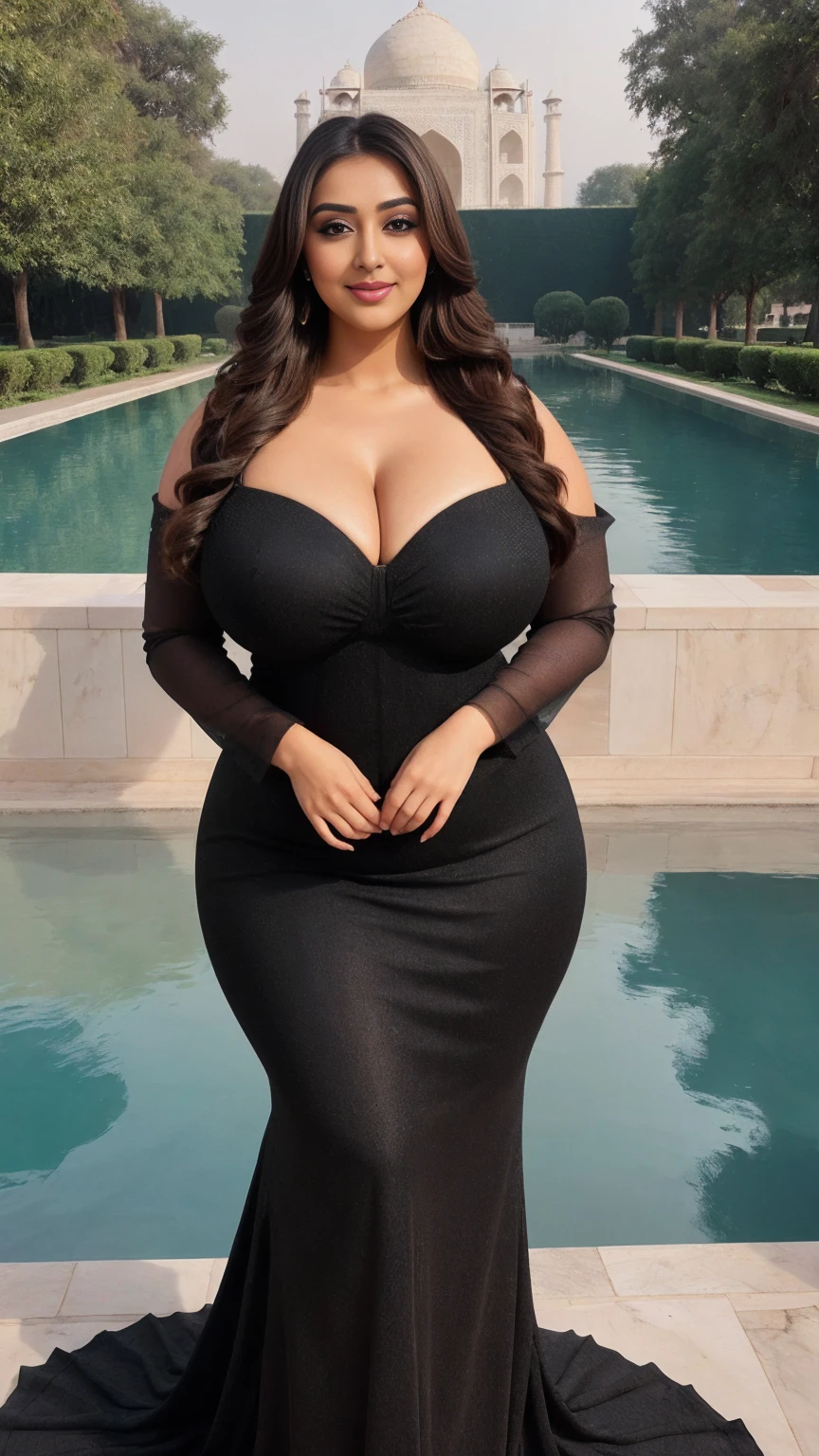 monali thakur Indian beautiful actress curvy plus size hour glass bulky huge figure woman, closeup camera view, big huge m-cup breast, wearing Plus Size Black Asymmetrical Neckline Elegant Formal Evening Dress With Thigh-High Split, covered Bust , elegant standing position, eye contact view, different style hairstyle, bright eyes, thin eyebrows, fair skin, blushing cheeks, prefect head to toe view, full body, and expansive views, ideal for high-fashion or editorial shoots, ultra realistic skin texture, head to toe view, full body shot, full body view, smile face, black hair, Indian face, perfect skin tone light, ultra realistic skin texture, bigger waist, busty, big hips, fleshy thighs, thick thighs, busty, full body view, Taj Mahal, India: Exquisite marble mausoleum with lush gardens and reflecting pools.