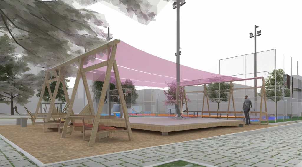 there is a small park with swings and a pink canopy, detail rendering, Rendering, Palco coberto ao ar livre, conceptual Rendering, conceptual, architectural rendering, back of scenography elements, Rendering final em 3D, Rendering final em 3D, 3D rendered model, detailed Rendering, low angle dimetric Rendering, detailed rendering, rendered 3d model, with 3D rendering