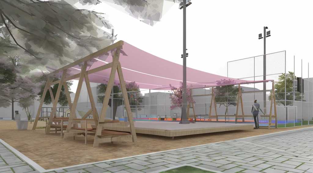 there is a small park with swings and a pink canopy, detail rendering, Rendering, Palco coberto ao ar livre, conceptual Rendering, conceptual, architectural rendering, back of scenography elements, Rendering final em 3D, Rendering final em 3D, 3D rendered model, detailed Rendering, low angle dimetric Rendering, detailed rendering, rendered 3d model, with 3D rendering