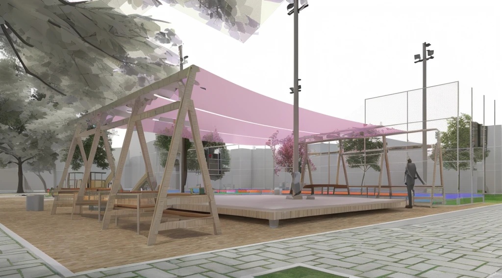 there is a small park with swings and a pink canopy, detail rendering, Rendering, Palco coberto ao ar livre, conceptual Rendering, conceptual, architectural rendering, back of scenography elements, Rendering final em 3D, Rendering final em 3D, 3D rendered model, detailed Rendering, low angle dimetric Rendering, detailed rendering, rendered 3d model, with 3D rendering