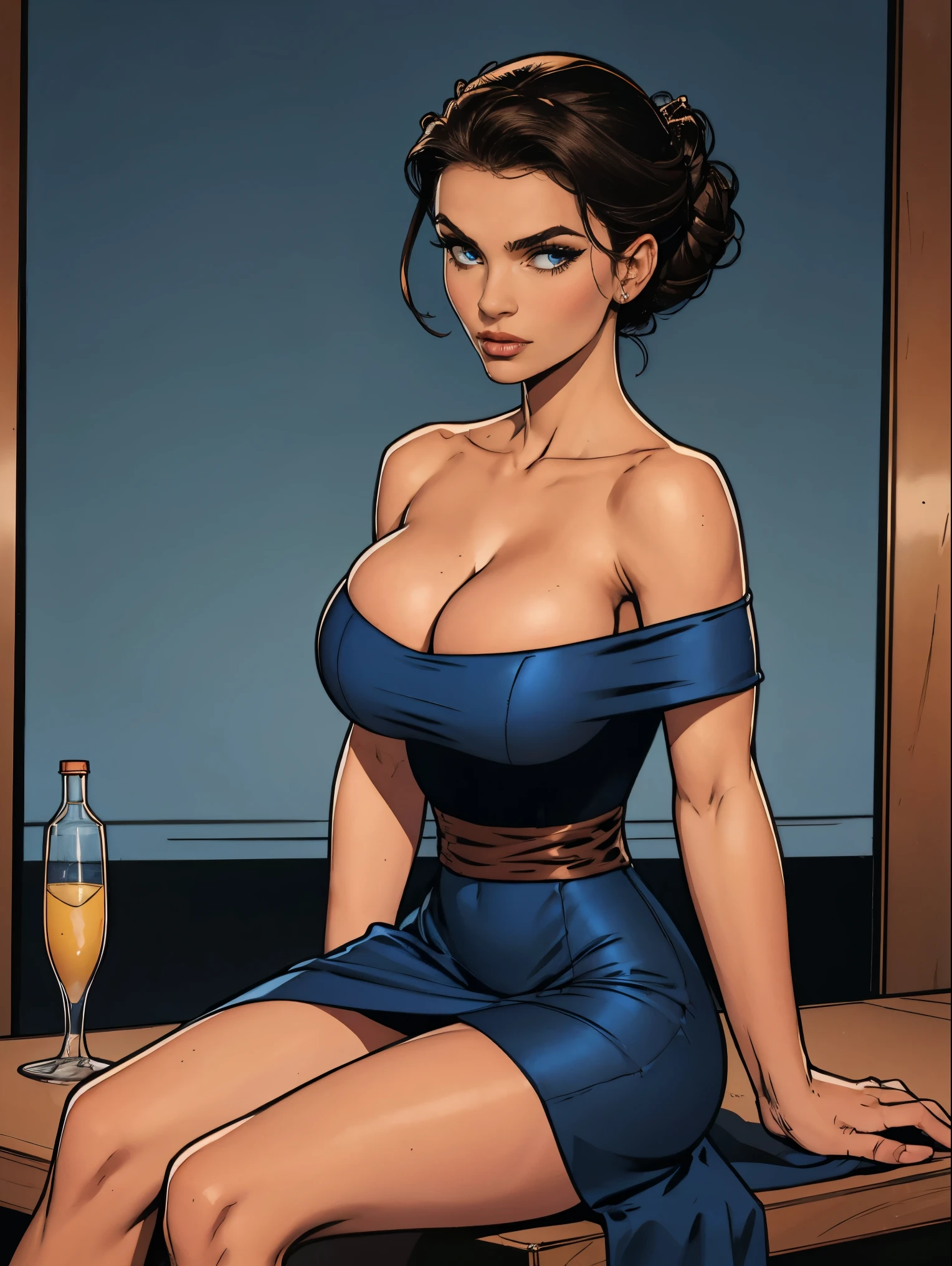 Gorgeous and sultry busty athletic (thin) brunette with sharp  features wearing a dark blue off-shoulder sleeveless dress, updo