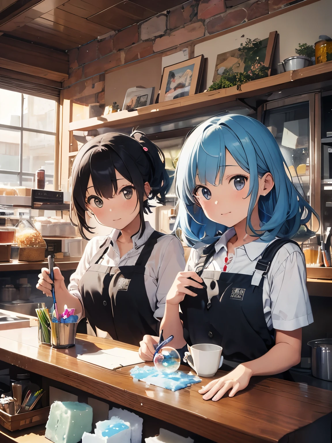 Momoko Sakura Style、8K quality、Intense watercolor, detailedな水彩アート, Watercolor splash, Surreal, Avant-garde pop art, Beautiful and expressive paintings, Beautiful artwork illustration, Very colorful and pop color, wonderful, Cool Beauty, Highest quality、Official Art, Vector art, Stylish design, (((The two most beautiful cafe staff))), (((Highest quality))), High resolution, ((detailed)), (((Doodle Art)), ((masterpiece)), ((Super detailed)), (((Colorful soap bubbles))),Two girls