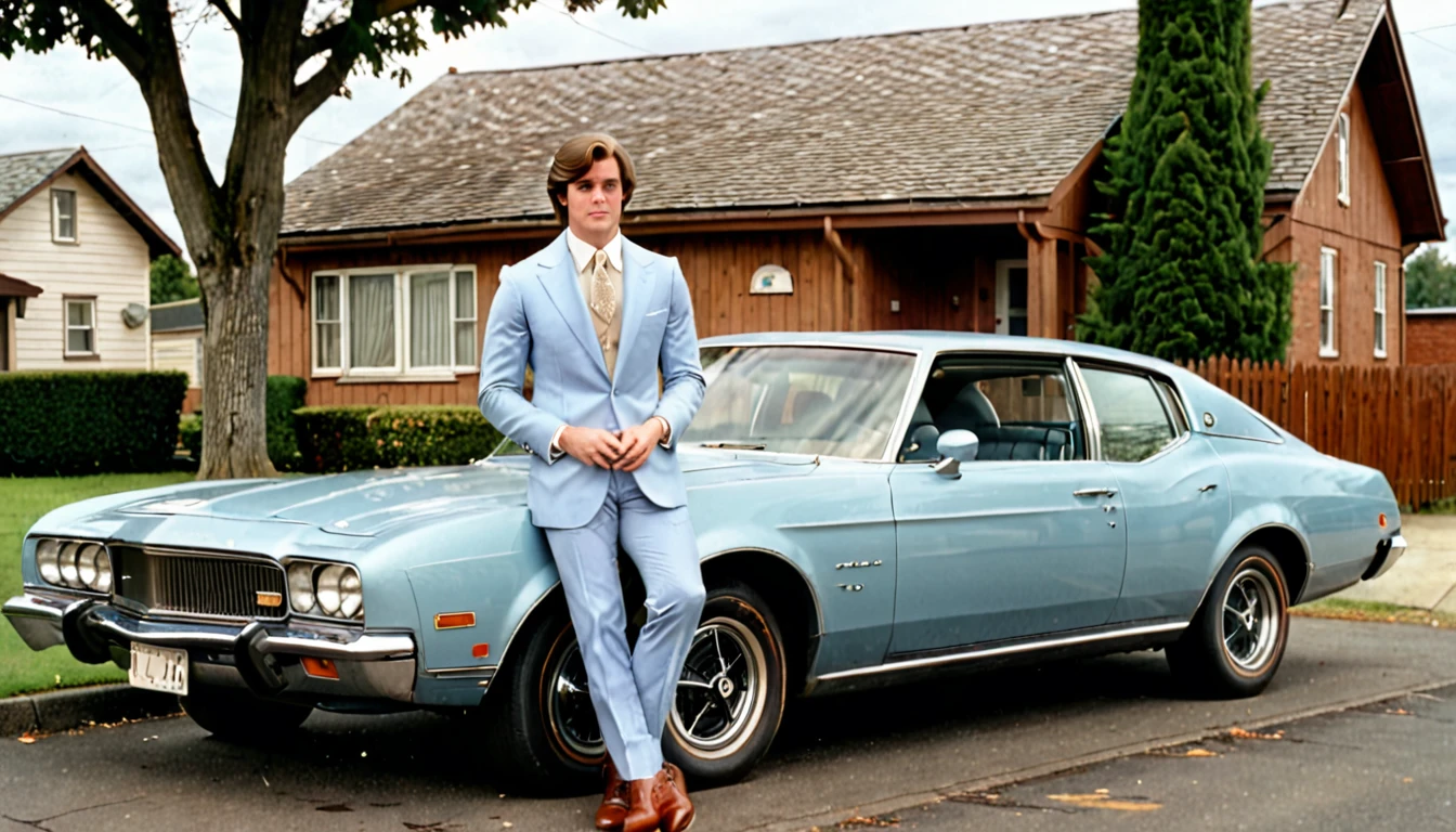 A young man in a light blue suit with wide lapels, standing beside a vintage 1970s reddish-brown car with a beige roof. He has one hand resting on the car's roof, and he is looking directly at the camera. The man is wearing a patterned tie and black shoes. The background includes a stone building with a wooden balcony, a wooden fence, and another car parked in the distance. The sky is partly cloudy, and there are trees and additional buildings in the background. The overall scene gives off a nostalgic 1970s vibe with muted colors and a slightly faded photograph look.
