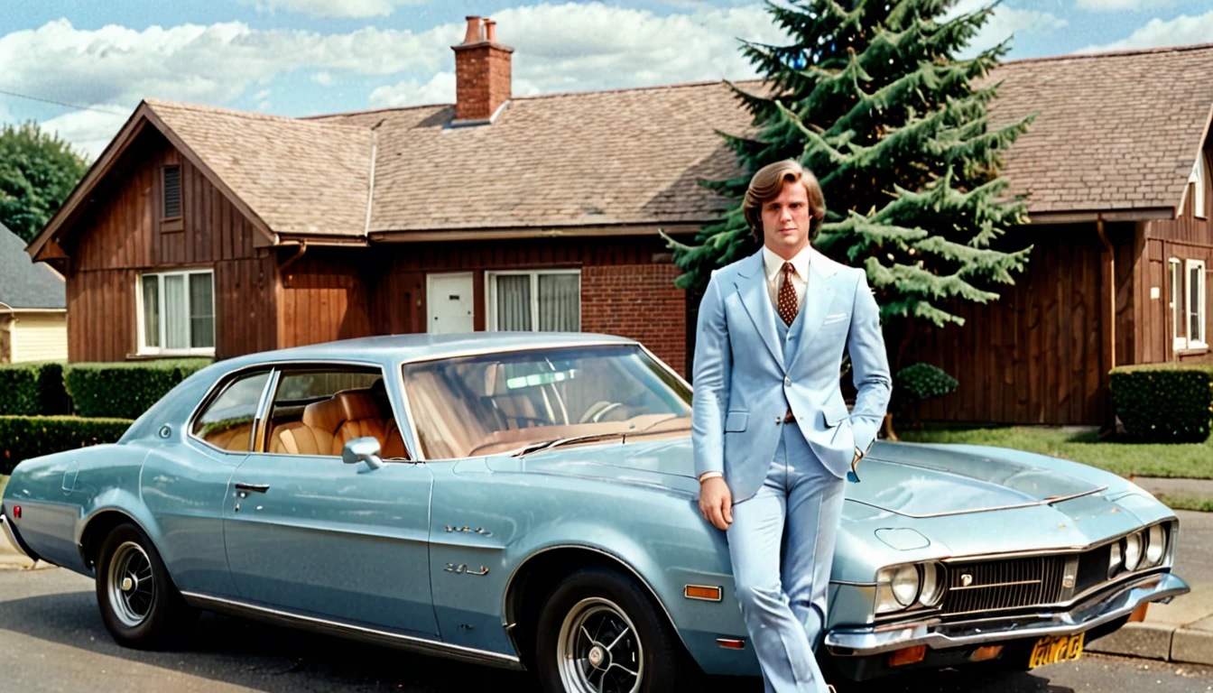 A young man in a light blue suit with wide lapels, standing beside a vintage 1970s reddish-brown car with a beige roof. He has one hand resting on the car's roof, and he is looking directly at the camera. The man is wearing a patterned tie and black shoes. The background includes a stone building with a wooden balcony, a wooden fence, and another car parked in the distance. The sky is partly cloudy, and there are trees and additional buildings in the background. The overall scene gives off a nostalgic 1970s vibe with muted colors and a slightly faded photograph look.