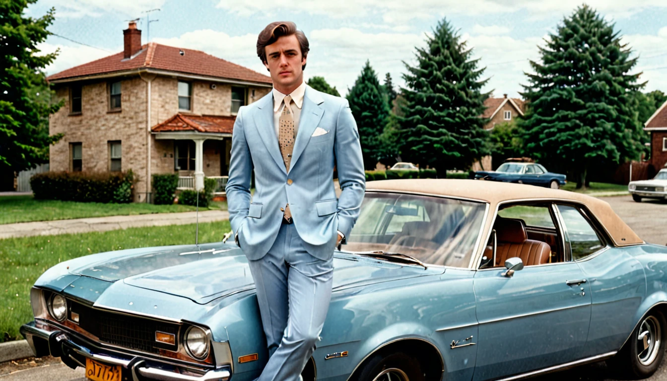 A young man in a light blue suit with wide lapels, standing beside a vintage 1970s reddish-brown car with a beige roof. He has one hand resting on the car's roof, and he is looking directly at the camera. The man is wearing a patterned tie and black shoes. The background includes a stone building with a wooden balcony, a wooden fence, and another car parked in the distance. The sky is partly cloudy, and there are trees and additional buildings in the background. The overall scene gives off a nostalgic 1970s vibe with muted colors and a slightly faded photograph look.