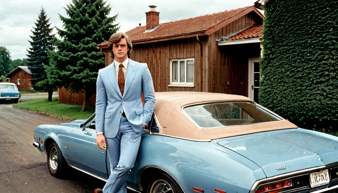 A young man in a light blue suit with wide lapels, standing beside a vintage 1970s reddish-brown car with a beige roof. He has one hand resting on the car's roof, and he is looking directly at the camera. The man is wearing a patterned tie and black shoes. The background includes a stone building with a wooden balcony, a wooden fence, and another car parked in the distance. The sky is partly cloudy, and there are trees and additional buildings in the background. The overall scene gives off a nostalgic 1970s vibe with muted colors and a slightly faded photograph look.