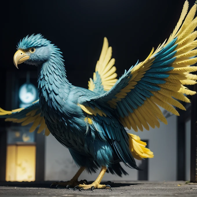 Big bird, four wings, blue and yellow feathers, glowing eyes 