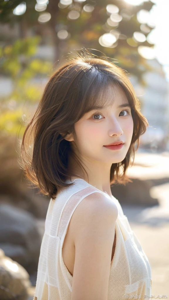 (8k, highest quality, masterpiece: 1.2), Super detailed, highest quality, Ultra-high resolution, Depth of written boundary,(Super detailedな,Caustics),(Photorealistic:1.4,RAW shooting,)Ultra-Realistic Capture,(Very detailed,High definition 16K for human skin,The skin texture is natural,Skin appears even-toned and healthy),(Use natural light and colour,One Woman Wide Lighting,Natural Shading),Japanese,1 girl, Beautiful Eyes, Short, Brown hair, Showing forehead, Mature hairstyle, **White long dress, Facing forward, Upper body facing forward**, Resort wear, Beach, (Sunlight:1.4)