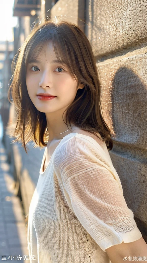 (8k, highest quality, masterpiece: 1.2), Super detailed, highest quality, Ultra-high resolution, Depth of written boundary,(Super detailedな,Caustics),(Photorealistic:1.4,RAW shooting,)Ultra-Realistic Capture,(Very detailed,High definition 16K for human skin,The skin texture is natural,Skin appears even-toned and healthy),(Use natural light and colour,One Woman Wide Lighting,Natural Shading),Japanese,1 girl, Beautiful Eyes, Short, Brown hair, Showing forehead, Mature hairstyle, **White long dress, Facing forward, Upper body facing forward**, Resort wear, Beach, (Sunlight:1.4)