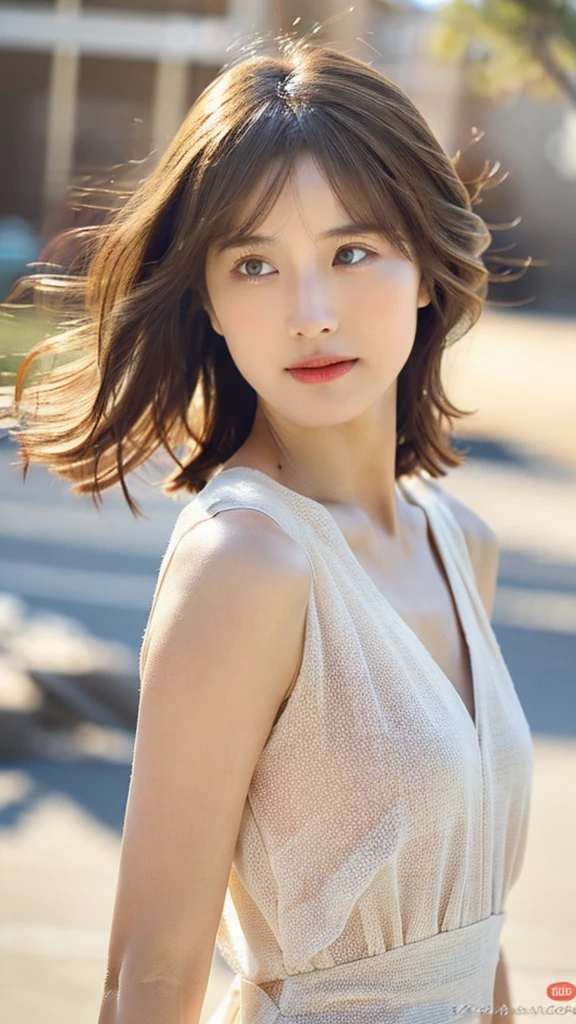 (8k, highest quality, masterpiece: 1.2), Super detailed, highest quality, Ultra-high resolution, Depth of written boundary,(Super detailedな,Caustics),(Photorealistic:1.4,RAW shooting,)Ultra-Realistic Capture,(Very detailed,High definition 16K for human skin,The skin texture is natural,Skin appears even-toned and healthy),(Use natural light and colour,One Woman Wide Lighting,Natural Shading),Japanese,1 girl, Beautiful Eyes, Short, Brown hair, Showing forehead, Mature hairstyle, **White long dress, Facing forward, Upper body facing forward**, Resort wear, Beach, (Sunlight:1.4)