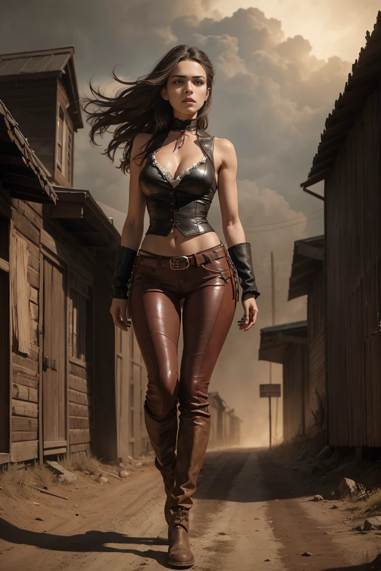 circa 1880s full body western cowboy woman, long brown straight hair, brown eyes, high arched eyebrows, long graceful neck, red lips, large breasts, tight brown leather pants, sleeveless brown leather vest, leather boots, deserted uninhabited North American small town walking on a dusty sandy street with the wind blowing her hair, realistic, photorealistic, photorealistic, horror, dark and gloomy atmosphere with dramatic lighting, dull reddish colors, Foggy environment, detailed facial expressions, Horrible fog