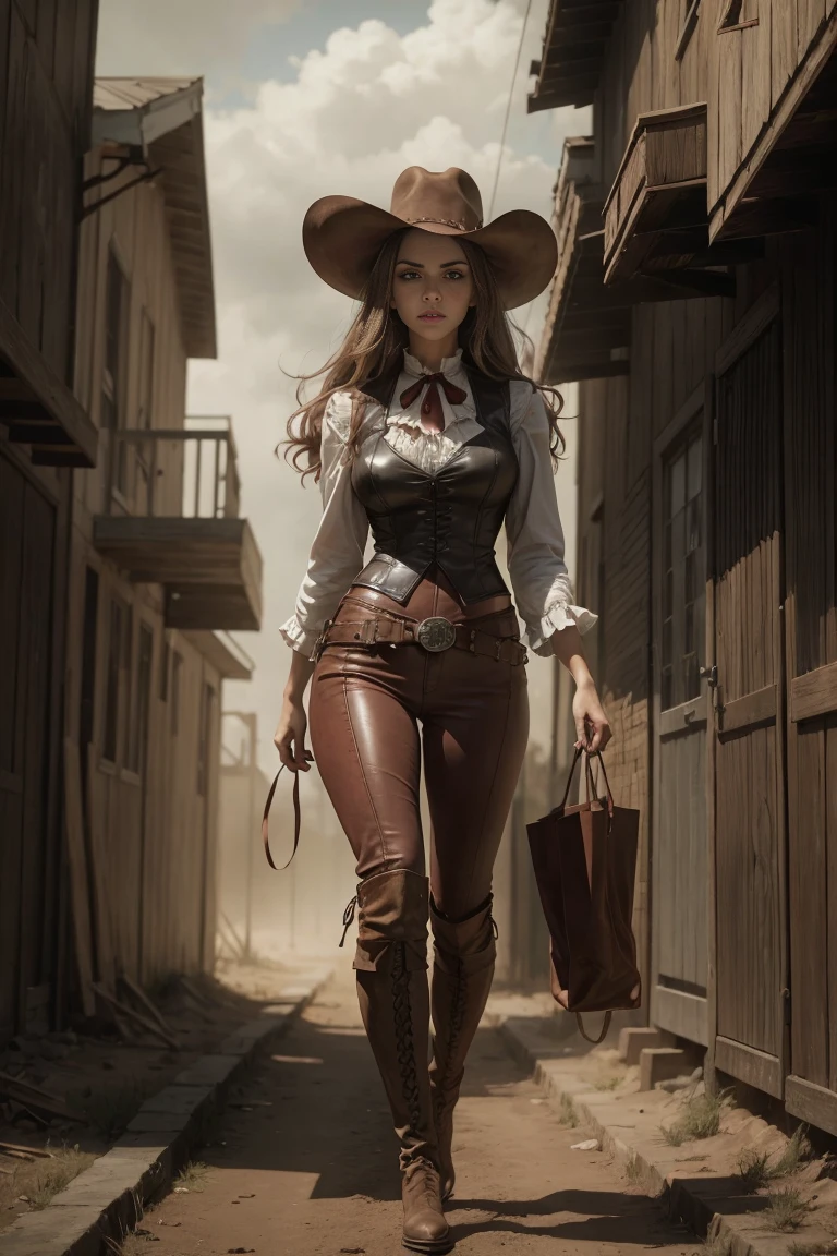 circa 1880s full body western cowboy woman, long brown straight hair, brown eyes, high arched eyebrows, long graceful neck, red lips, large breasts, tight brown leather pants, sleeveless brown leather vest, leather boots, deserted uninhabited North American small town walking on a dusty sandy street with the wind blowing her hair, realistic, photorealistic, photorealistic, horror, dark and gloomy atmosphere with dramatic lighting, dull reddish colors, Foggy environment, detailed facial expressions, Horrible fog