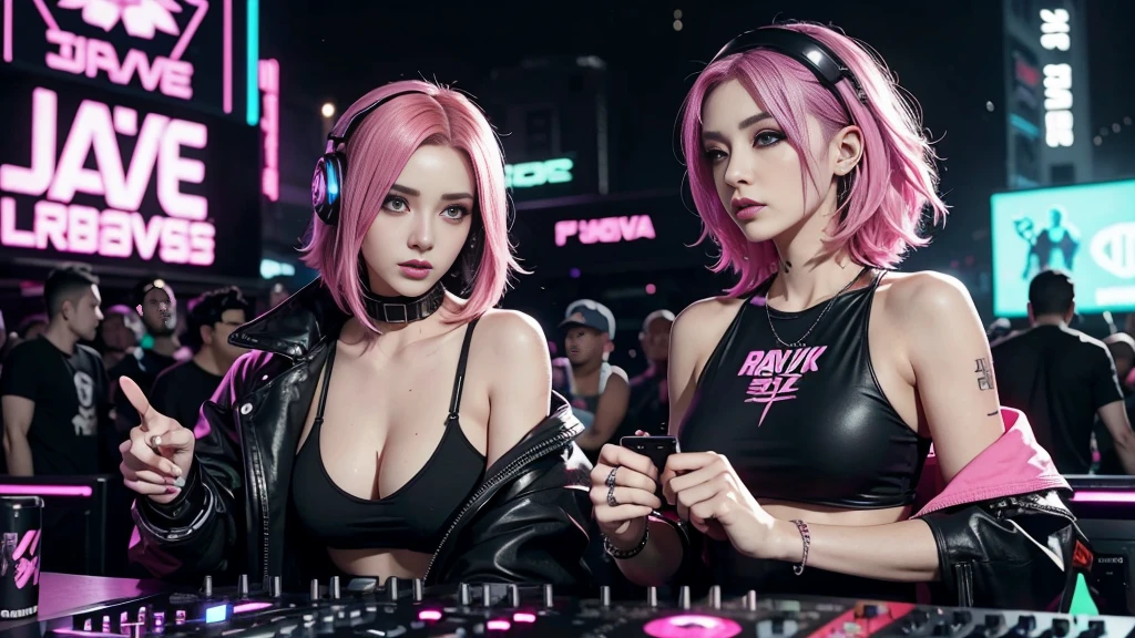 arafed woman in a black top and pink hair standing next to a DJ's mixer, rave girl, raver girl, 1 girl, DJ rave, unreal engine, rave makeup, in cyberpunk style, has cyberpunk style, rave inspired, cyber punk setting, cyberpunk vibes, cyberpunk vibe, beautiful cyberpunk woman model, cyberpunk style color, woman holds her headphones down with one hand.