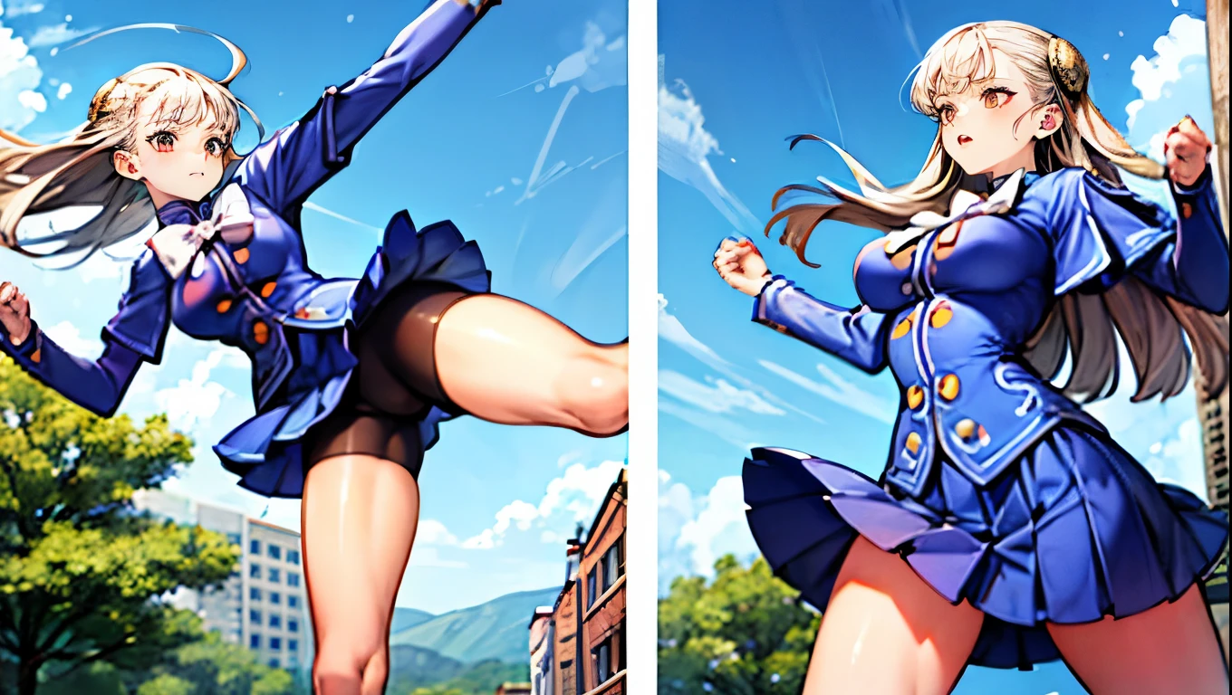 (Very delicate and beautiful:1.2)super model,,Big Breasts,Beautiful breasts,voluptuous,【bike shorts】,,【2girls】,,Highest quality, High resolution, 8K,Kick in a hurry.mini skirt,Two girls high-kicking a man