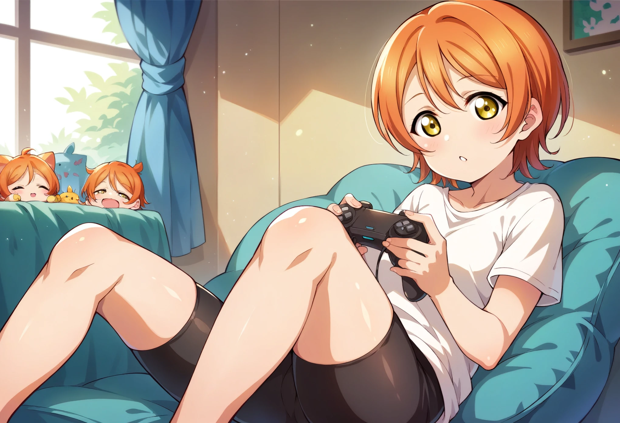 Masterpiece, best quality,Hoshizora rin,solo ,yellow eyes, short hair,orange hair, White Top,Bike shorts, sitting, chibi,  arms behind,love live style , indoors , holding reversed playstation controller 