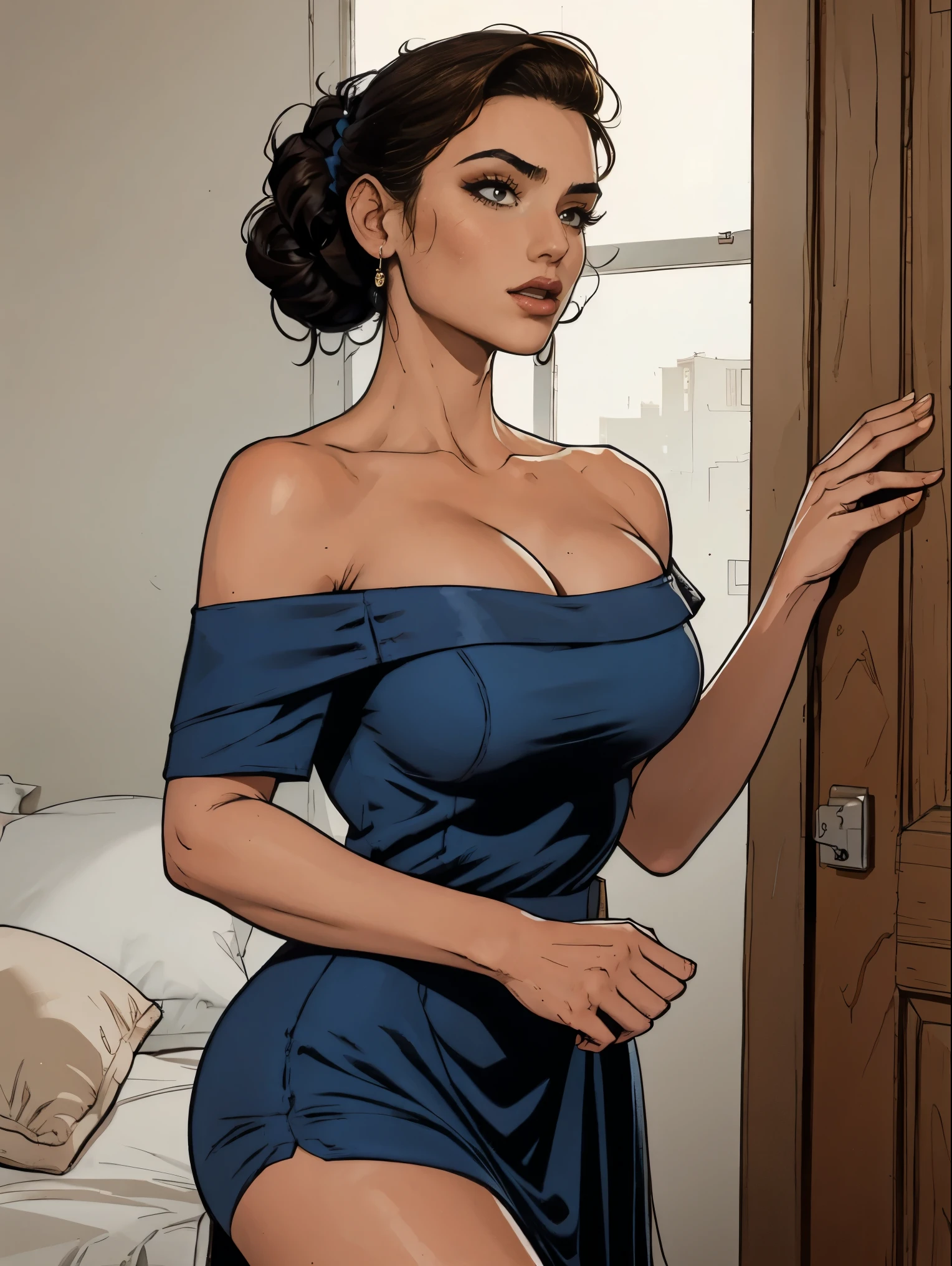 Gorgeous and sultry busty athletic (thin) brunette with sharp facial features wearing a dark blue off-shoulder sleeveless dress, updo