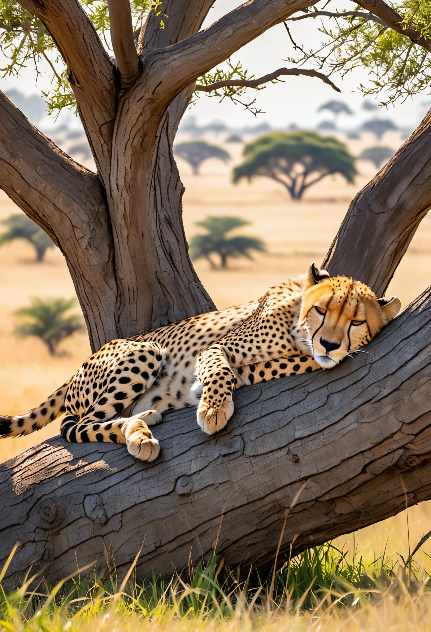 cheetah napping in a tree, the grass in the meadow is swaying in the wind,