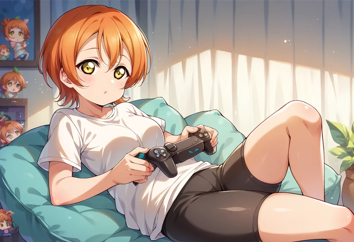 Masterpiece, best quality,Hoshizora rin,solo ,yellow eyes, short hair,orange hair, White Top,Bike shorts, sitting, chibi, arms behind,love live style , indoors , holding reversed playstation controller , headphone with mic