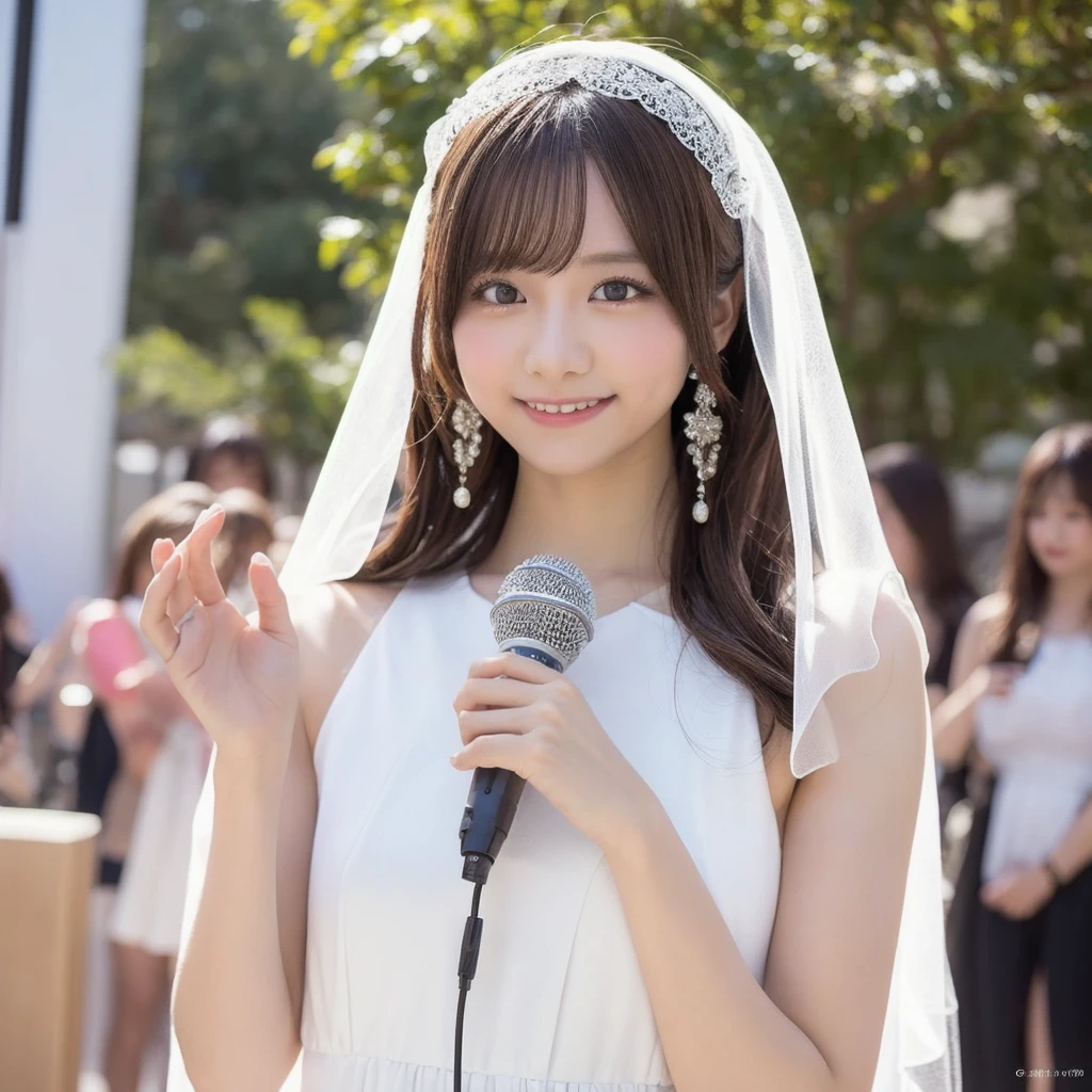 A beautiful young Japanese idol in a white dress and veil holding a microphone. Extremely detailed and realistic portrait, intricate anime cosplay, Instagram model, artcore style, lost in reverie. 8k resolution, Canon EOS R6 photography, background is bright, female body,smiling.