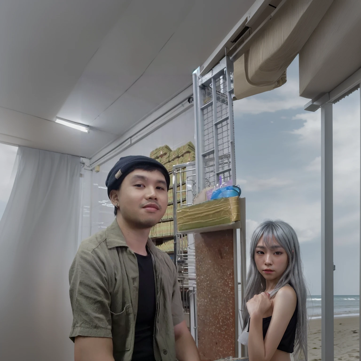 ((Masterpiece)), ((best quality)), ((height)), ((Very detailed CG unity 8k wallpaper.)), alone, Tachibana Kanade, Tan , black skirt, white socks, outdoor, face, Curtain hair, beach, I parted ways, silver hair