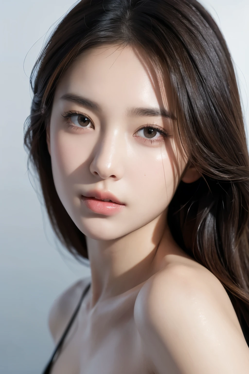 8K,best quality, ultra high resolution, (realistic:1.4), (real skin texture:1.3), (selfie angle),1 woman,Beautifully detailed eyes and face,White background,