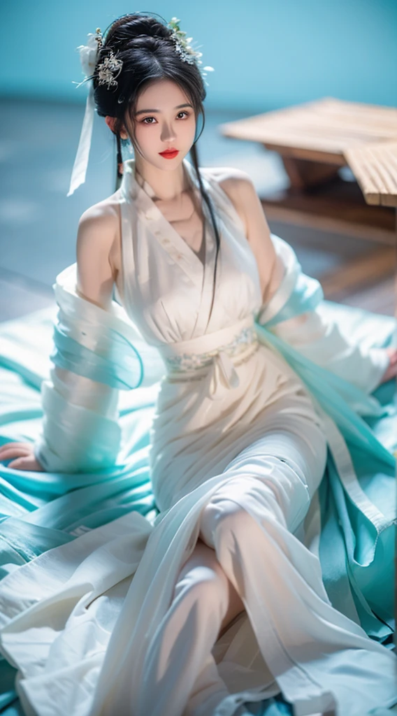 Byrne virus, ((Shot in the knee))，((Aerial View)),(masterpiece，best quality，high resolution)，(Colored background，(Splash of Color))，((Bare shoulders)), LiuYiFei, Sweet girl，Lying in bed, Light blue and white medium length hair，[Light Blue|pink]hair，curls，shining，红pink的嘴唇，Colorful flowers，Volumetric Lighting，Full breasts，Large Breasts, cleveage, grace的姿态，Sexy slender legs, original photo, best quality, 脸庞beauty精致，Otherworldly beauty, Attract attention。beauty、grace、mystery