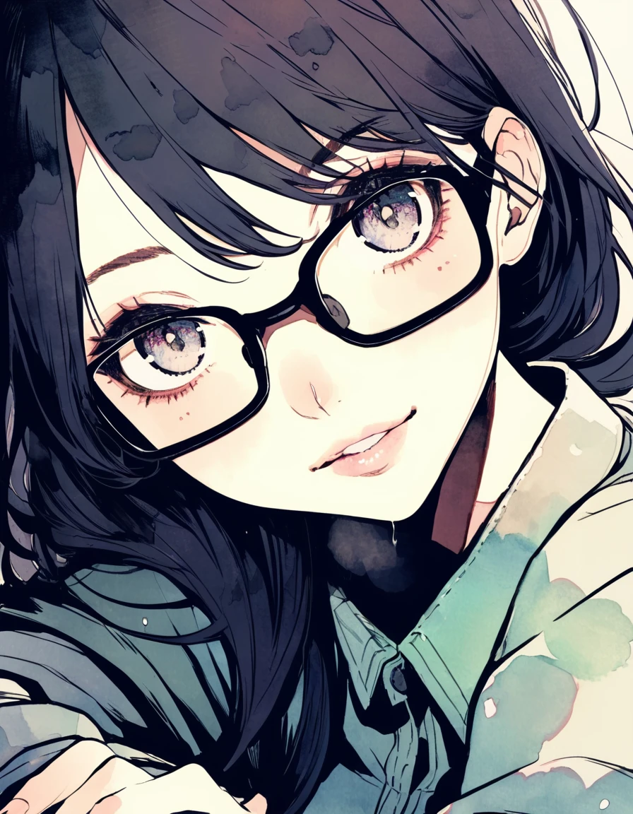 ultra-detailed:1.3, ultra delicate and detailed face:1.3, (absurdres, texture, masterpiece), watercolor, dark sweet color, ennui, pixiv contest winner, by Posuka Demizu, dynamic manga-style illustration of slender lollipop girl with glasses is crawling towards viewer., seductive grin, moist eyes, moist lips, head tilt, !?,