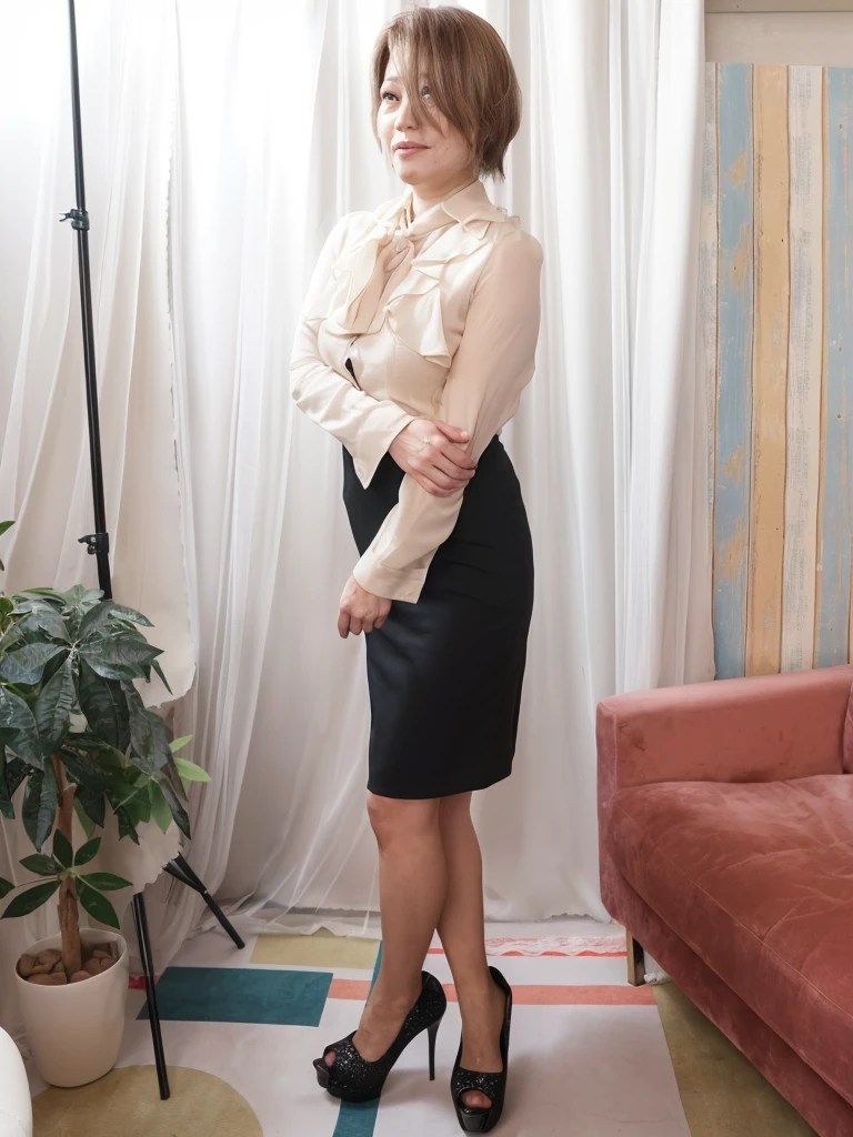 there is a woman standing in a room with a pink couch, portrait full body, elegant slim beige shirt, clothed non - nude portrait, office clothes, full body portrait shot, full body portrait posing, full body picture, full body photogenic shot, full body and head shot, mid shot portrait, full body photograph, full body photoshoot, full body shoot, side portrait