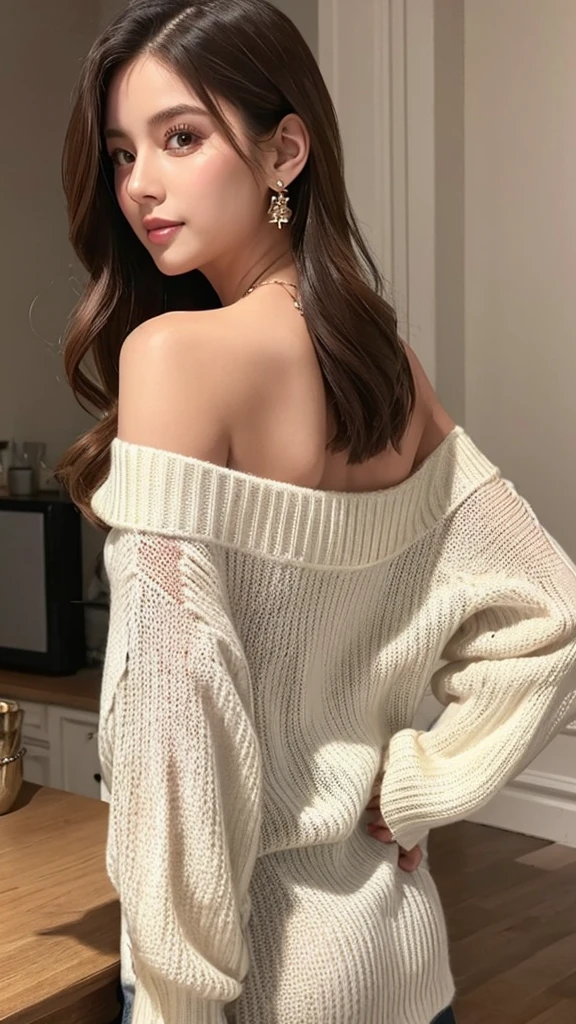 ((Highest quality)), ((masterpiece)), (detailed), One girl, Off-the-shoulder sweater, 