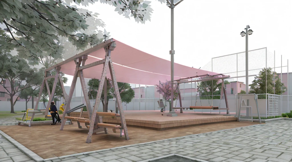 there is a small park with swings and a pink canopy, detail rendering, Rendering, Palco coberto ao ar livre, conceptual Rendering, conceptual, architectural rendering, back of scenography elements, Rendering final em 3D, Rendering final em 3D, 3D rendered model, detailed Rendering, low angle dimetric Rendering, detailed rendering, rendered 3d model, with 3D rendering