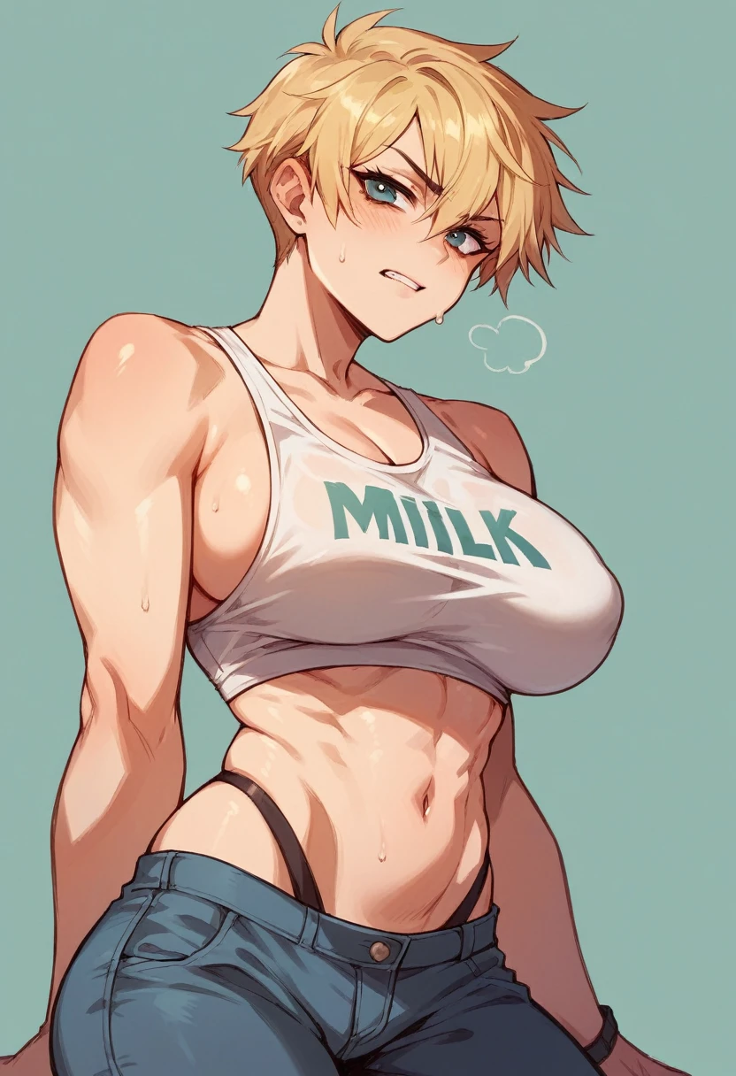 Tomboy with pale skin and blonde hair without clothes with very big tits from which a lot of milk comes out